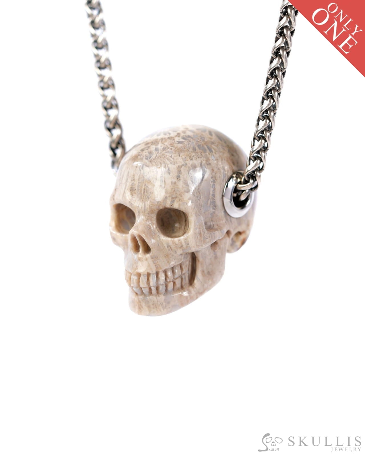 Skullis Signature Coral Fossil Gem Skull Pendant or Necklace Hand Carved Sterling Silver 925 Chain for Women & Men