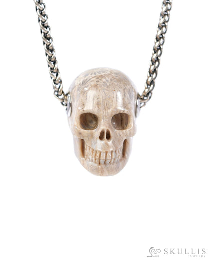 Skullis Signature Coral Fossil Gem Skull Pendant or Necklace Hand Carved Sterling Silver 925 Chain for Women & Men