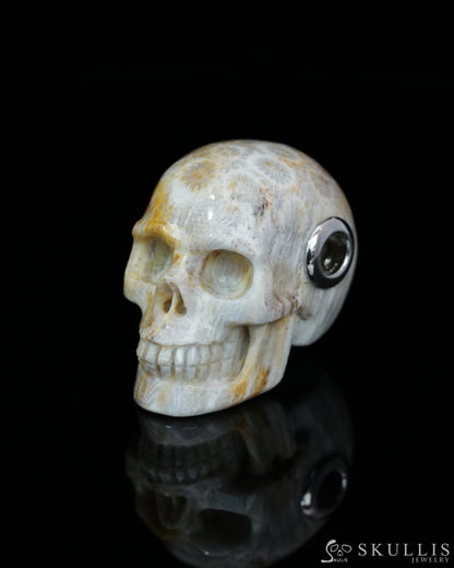 Skullis Signature Coral Fossil Gem Skull Pendant or Necklace Hand Carved Sterling Silver 925 Chain for Women & Men