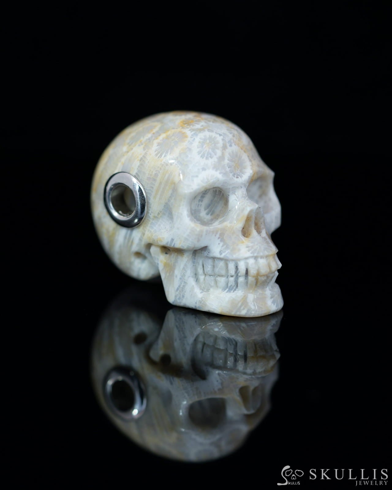 Skullis Signature Coral Fossil Gem Skull Pendant or Necklace Hand Carved Sterling Silver 925 Chain for Women & Men