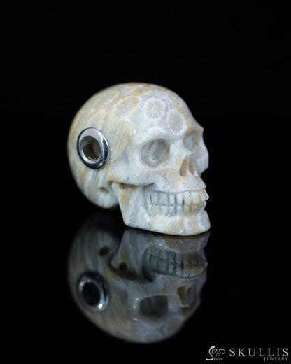 Skullis Signature Coral Fossil Gem Skull Pendant or Necklace Hand Carved Sterling Silver 925 Chain for Women & Men