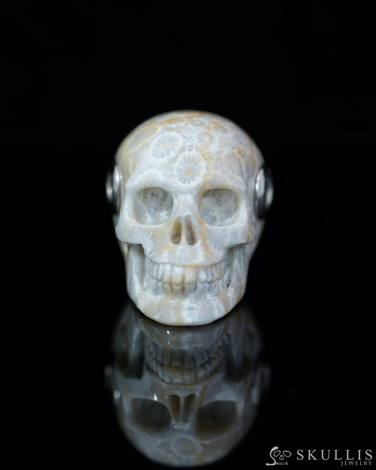 Skullis Signature Coral Fossil Gem Skull Pendant or Necklace Hand Carved Sterling Silver 925 Chain for Women & Men