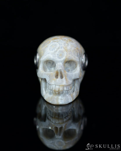 Skullis Signature Coral Fossil Gem Skull Pendant or Necklace Hand Carved Sterling Silver 925 Chain for Women & Men