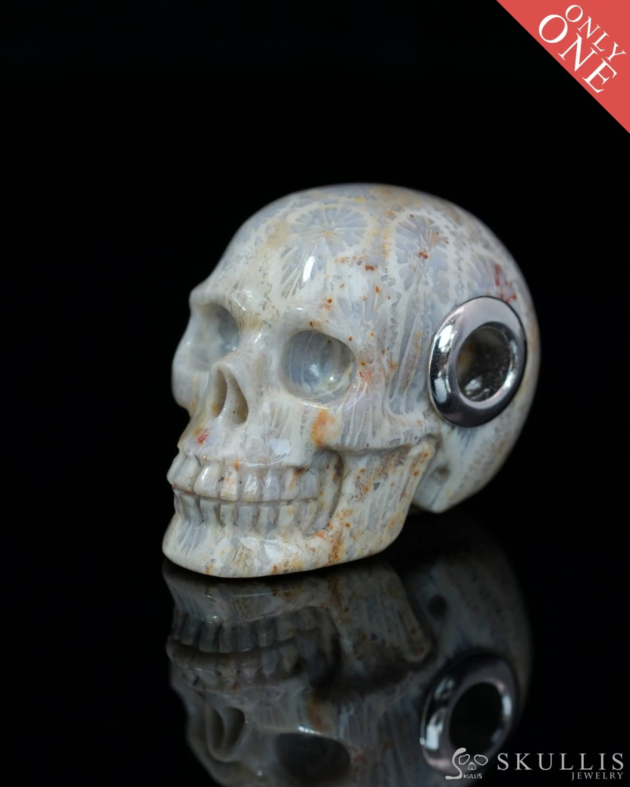 Skullis Signature Coral Fossil Gem Skull Pendant or Necklace Hand Carved Sterling Silver 925 Chain for Women & Men