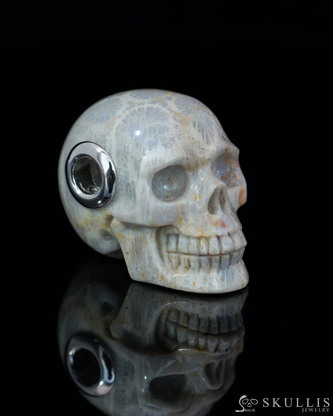 Skullis Signature Coral Fossil Gem Skull Pendant or Necklace Hand Carved Sterling Silver 925 Chain for Women & Men