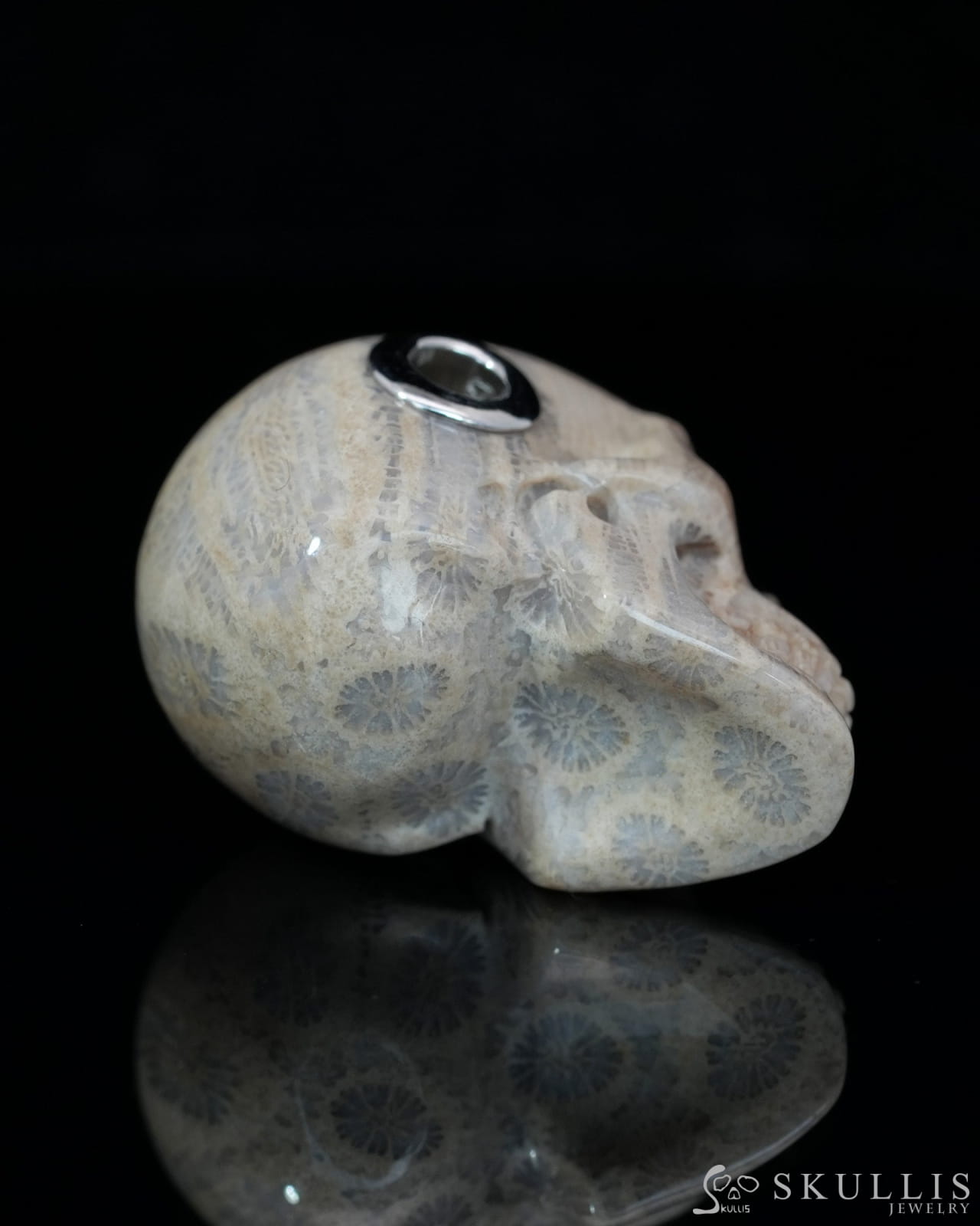 Skullis Signature Coral Fossil Gem Skull Pendant or Necklace Hand Carved Sterling Silver 925 Chain for Women & Men