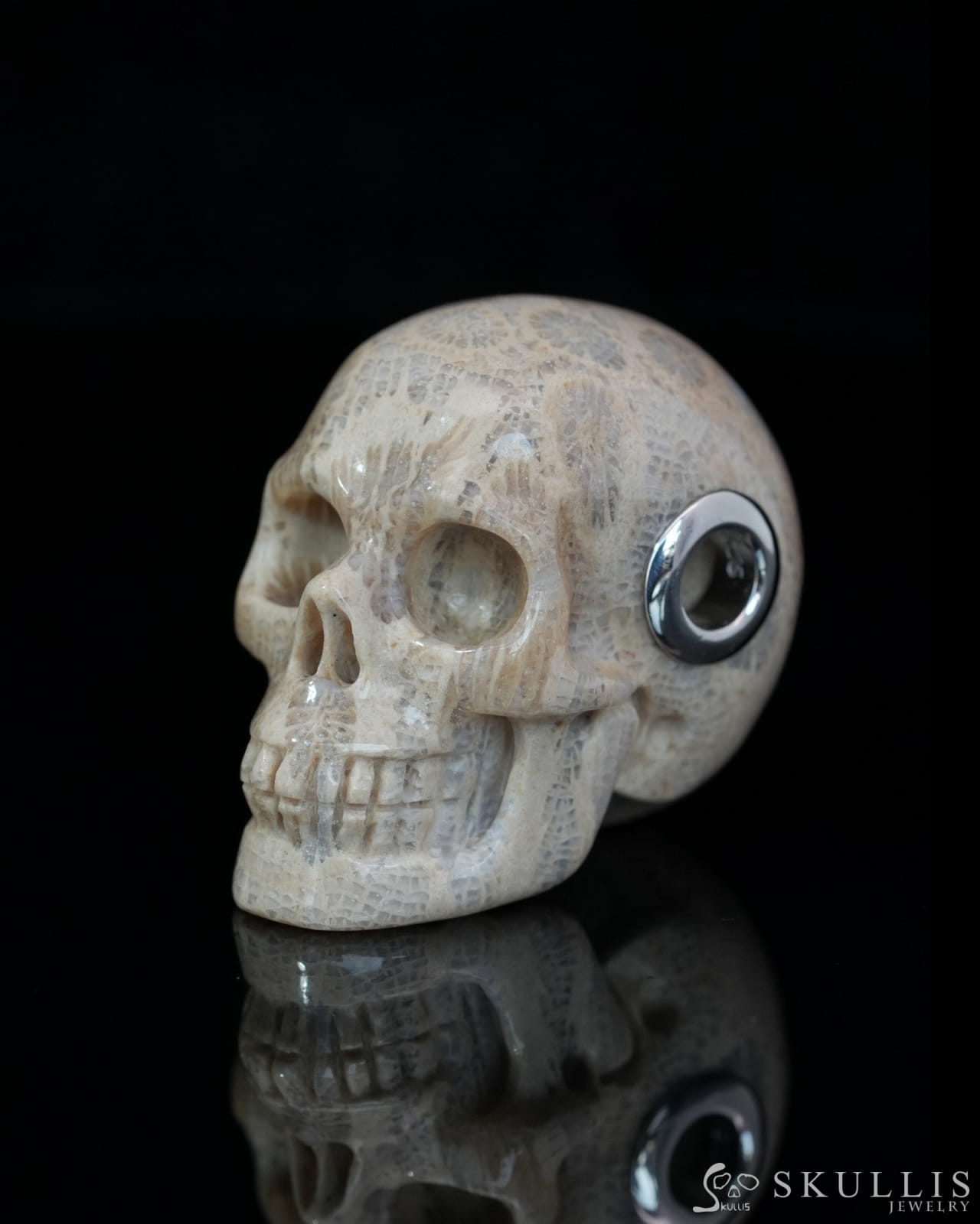 Skullis Signature Coral Fossil Gem Skull Pendant or Necklace Hand Carved Sterling Silver 925 Chain for Women & Men