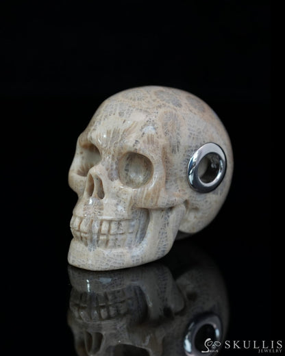 Skullis Signature Coral Fossil Gem Skull Pendant or Necklace Hand Carved Sterling Silver 925 Chain for Women & Men