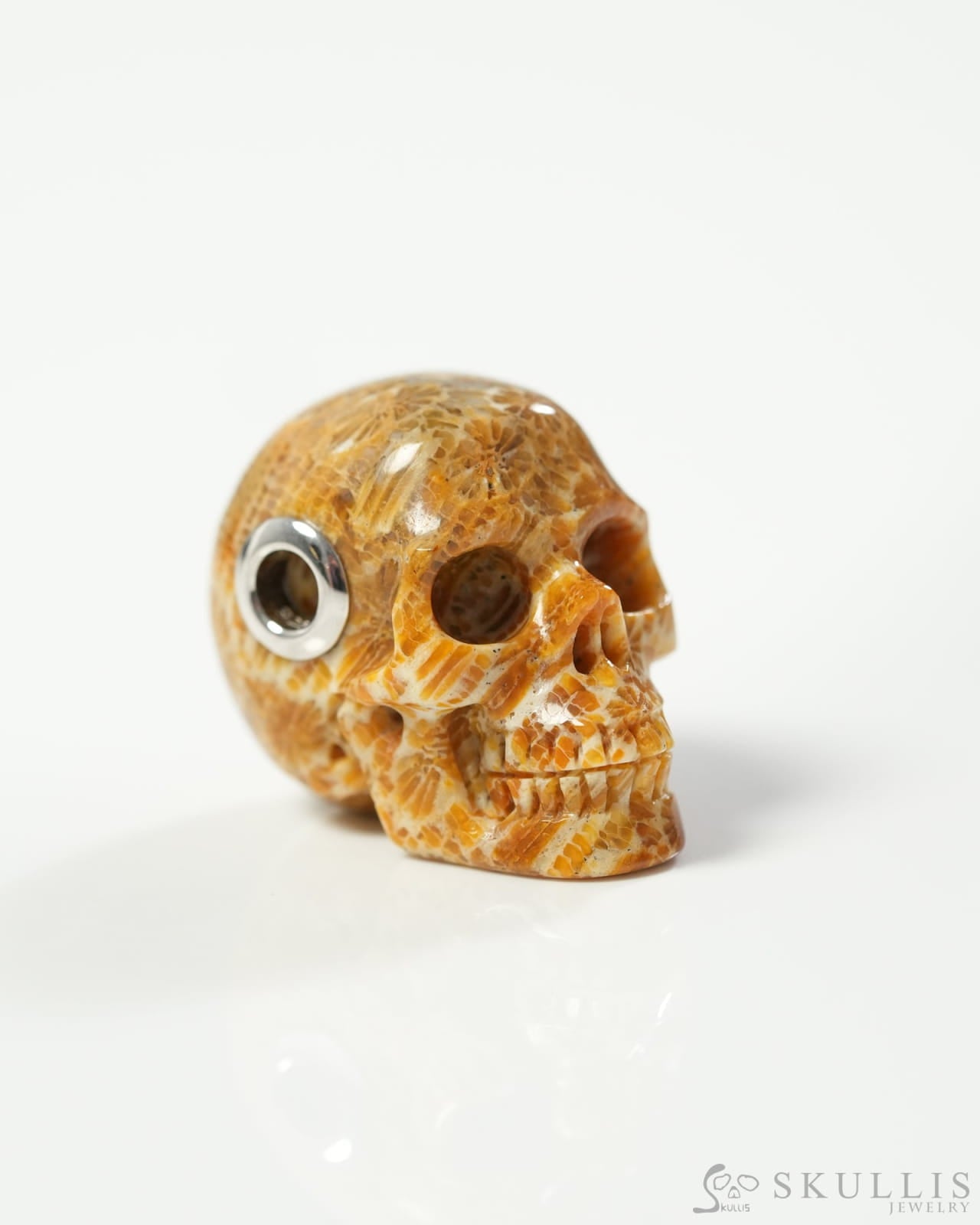 Skullis Signature Coral Fossil Gem Skull Pendant or Necklace Hand Carved Sterling Silver 925 Chain for Women & Men