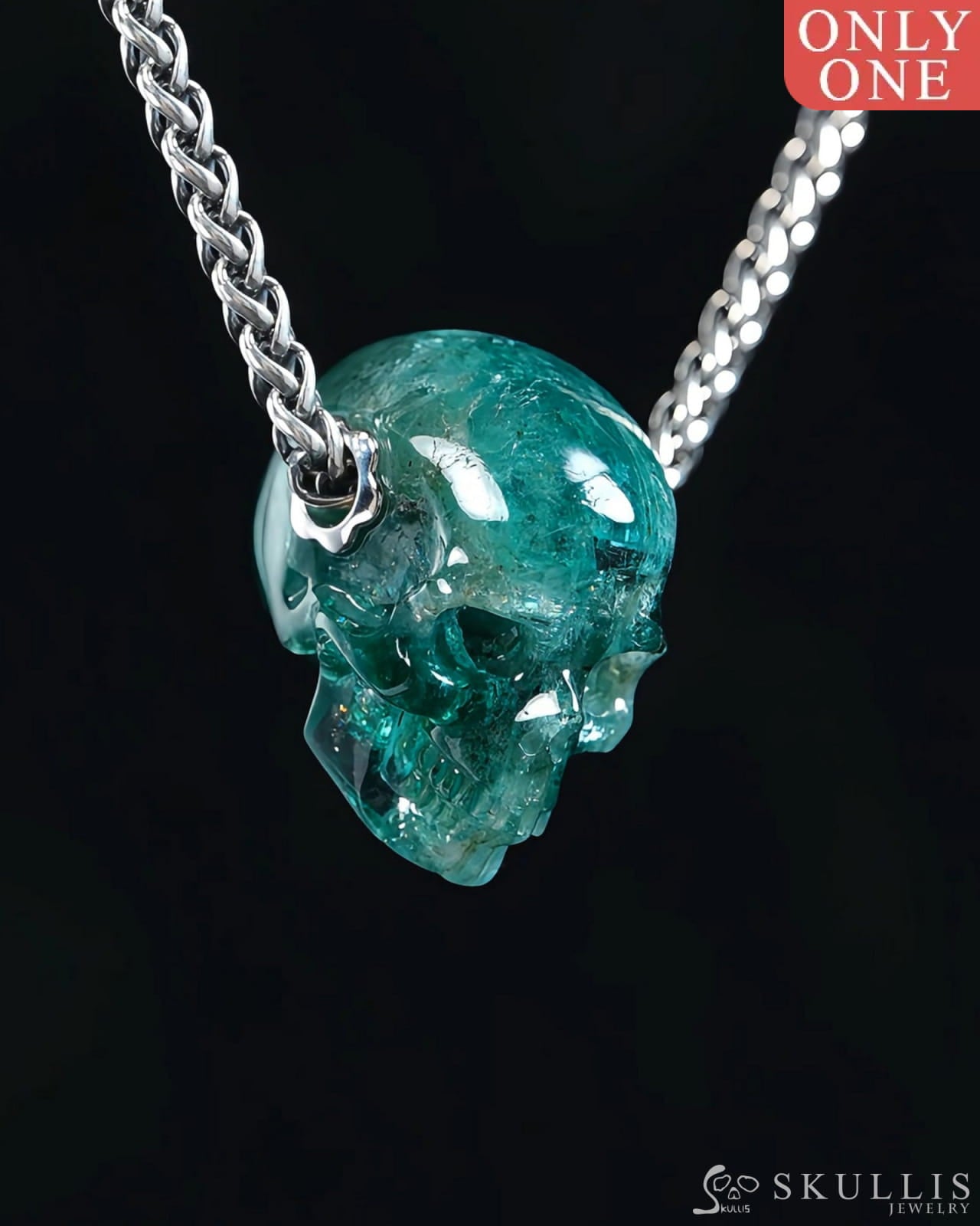 Skullis Signature Emerald Gem Skull Pendant or Necklace Hand Carved Sterling Silver 925 Chain for Women & Men - 9500365