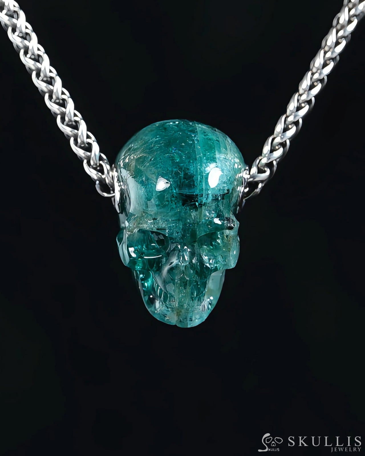 Skullis Signature Emerald Gem Skull Pendant or Necklace Hand Carved Sterling Silver 925 Chain for Women & Men - 9500365