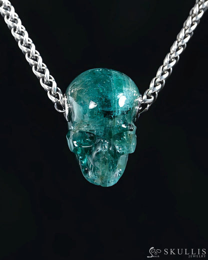 Skullis Signature Emerald Gem Skull Pendant or Necklace Hand Carved Sterling Silver 925 Chain for Women & Men - 9500365