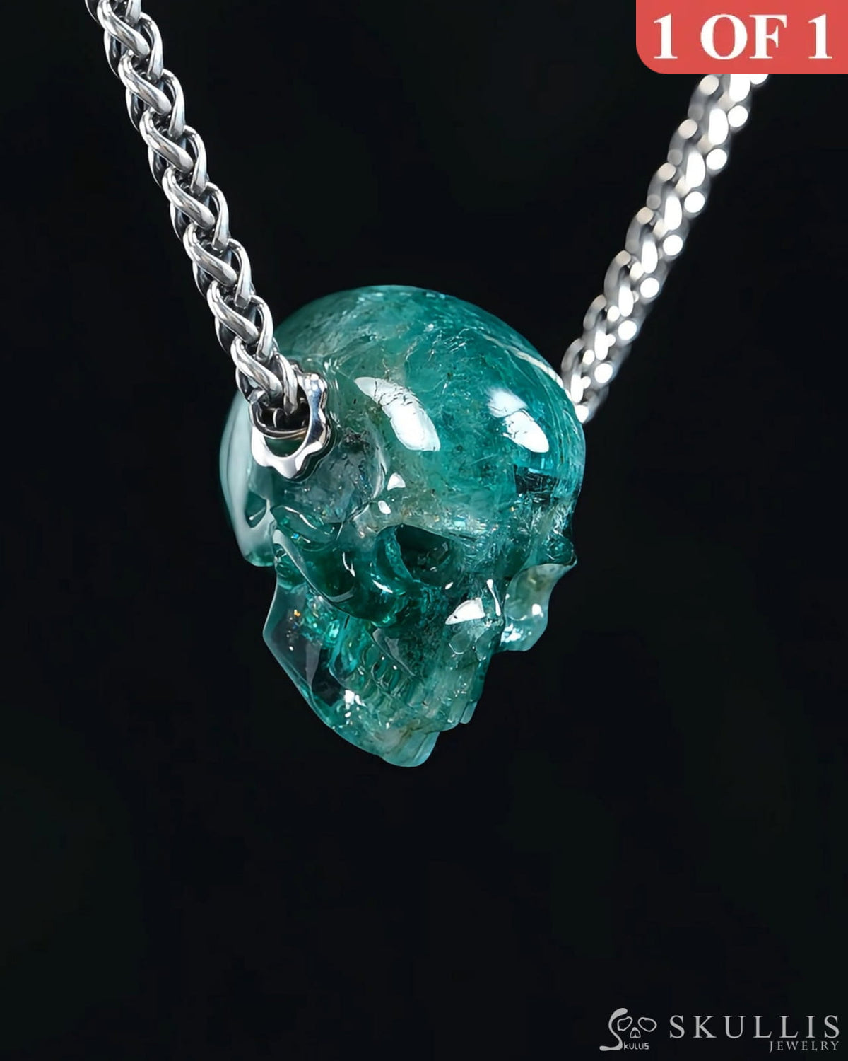 Skullis Signature Emerald Gem Skull Pendant or Necklace Hand Carved Sterling Silver 925 Chain for Women & Men - 9500365