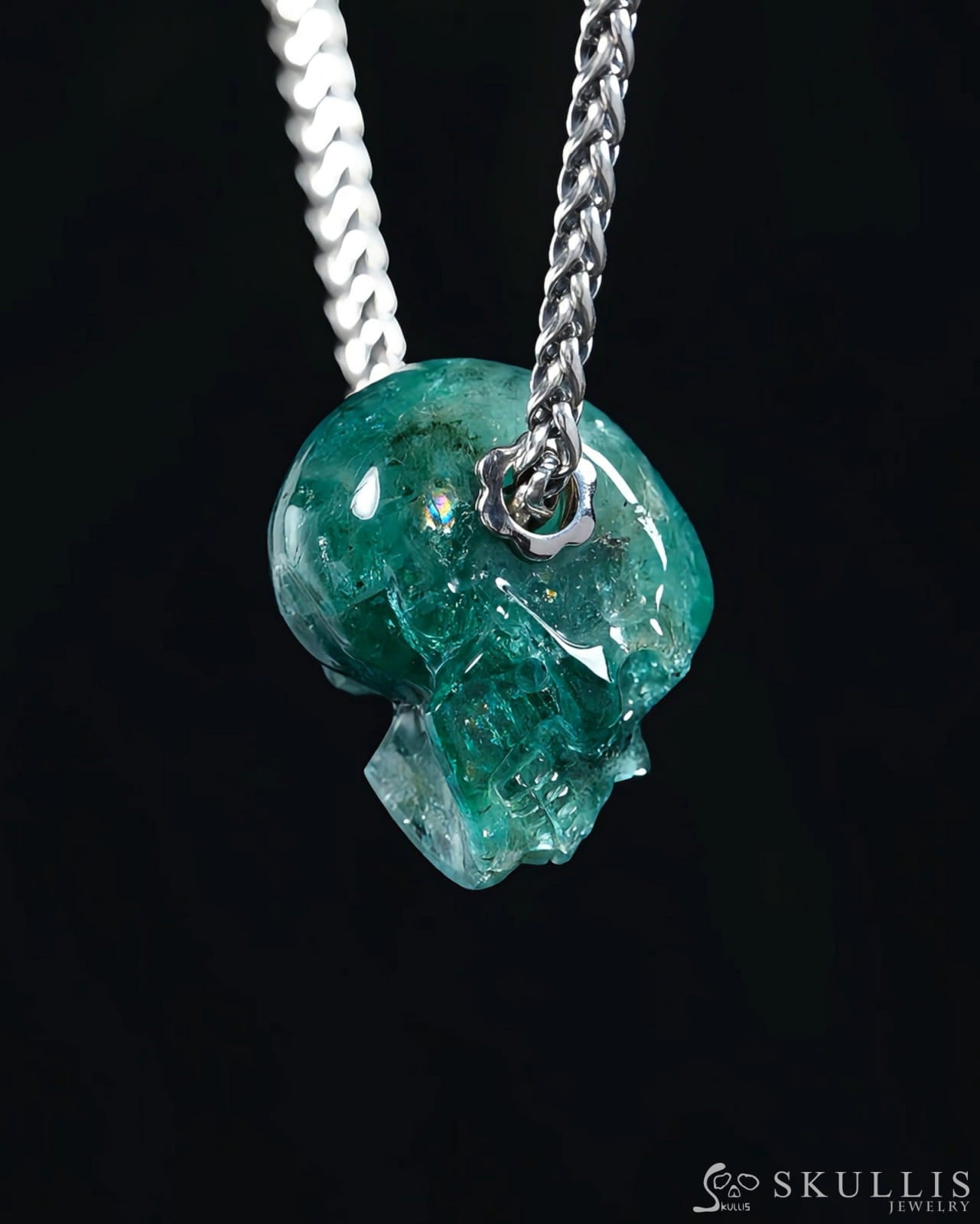 Skullis Signature Emerald Gem Skull Pendant or Necklace Hand Carved Sterling Silver 925 Chain for Women & Men - 9500365
