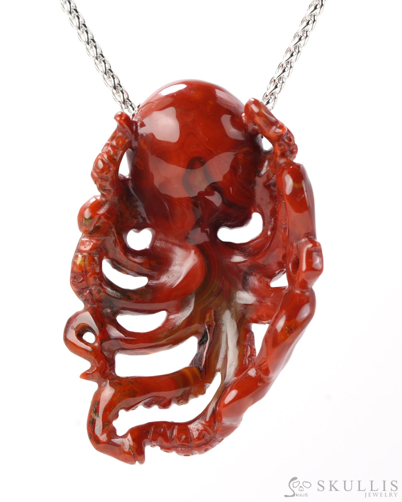 Skullis Signature Red Crazy Lace Agate Gem Skull Pendant Or Necklace Hand Carved Sterling Silver