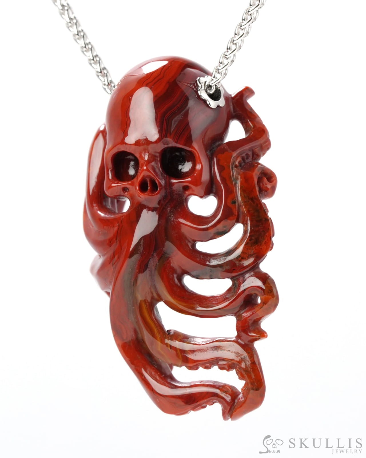 Skullis Signature Red Crazy Lace Agate Gem Skull Pendant Or Necklace Hand Carved Sterling Silver