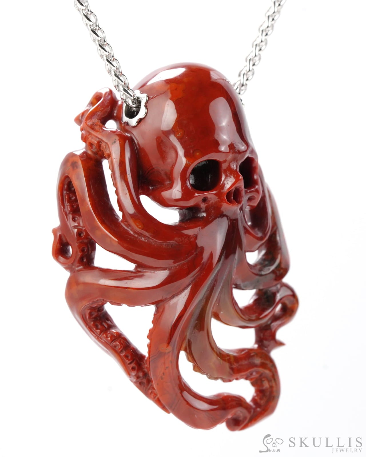 Skullis Signature Red Crazy Lace Agate Gem Skull Pendant Or Necklace Hand Carved Sterling Silver