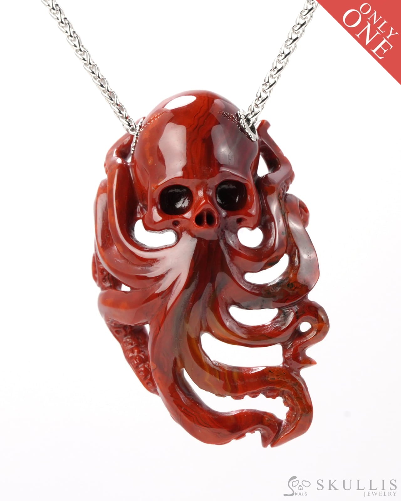 Skullis Signature Red Crazy Lace Agate Gem Skull Pendant Or Necklace Hand Carved Sterling Silver