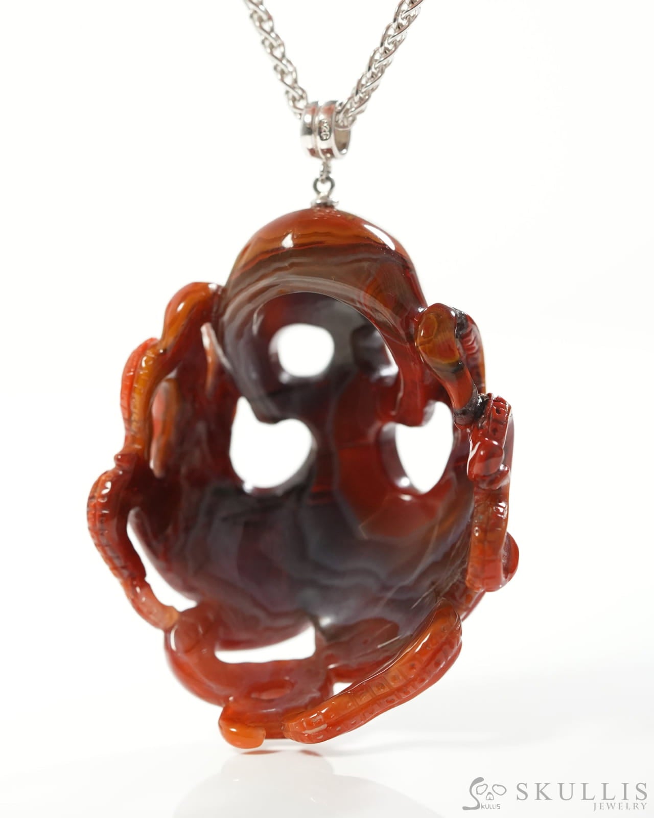 Skullis Signature Empire Red Agate Gem Skull with Octopus Tentacles Pendant or Necklace Hand Carved Sterling Silver 925
