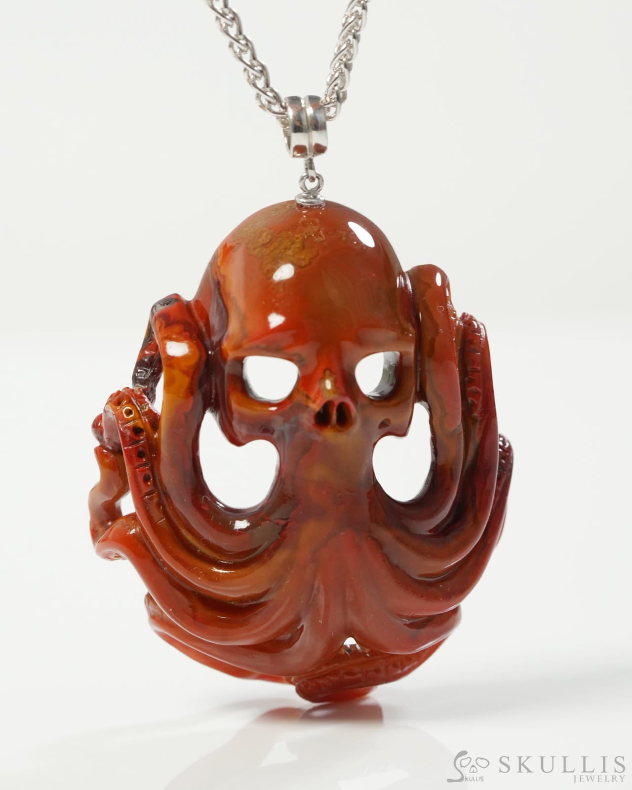 Skullis Signature Empire Red Agate Gem Skull with Octopus Tentacles Pendant or Necklace Hand Carved Sterling Silver 925