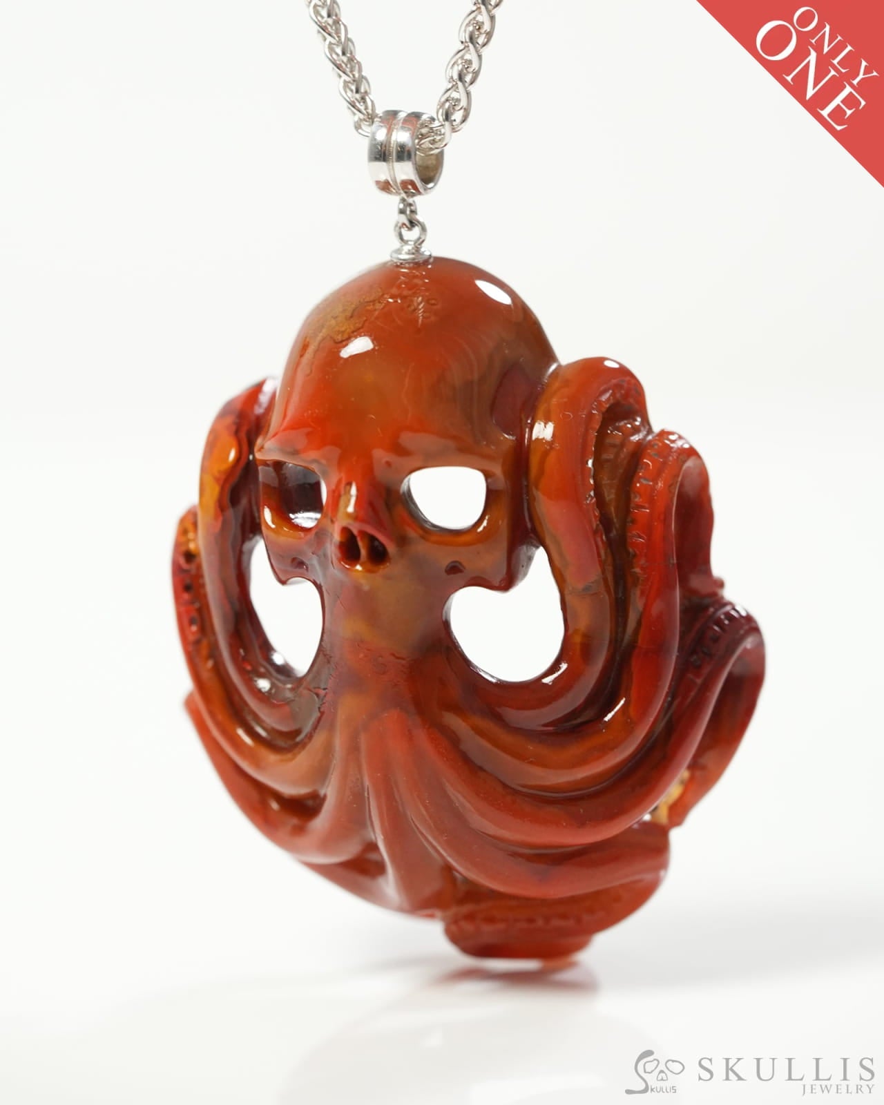 Skullis Signature Empire Red Agate Gem Skull with Octopus Tentacles Pendant or Necklace Hand Carved Sterling Silver 925