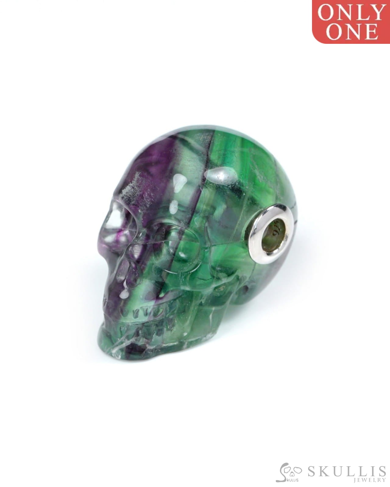 Skullis Signature Spiderweb Fluorite Gem Skull Pendant or Necklace Hand Carved Sterling Silver 925 Chain for Women &