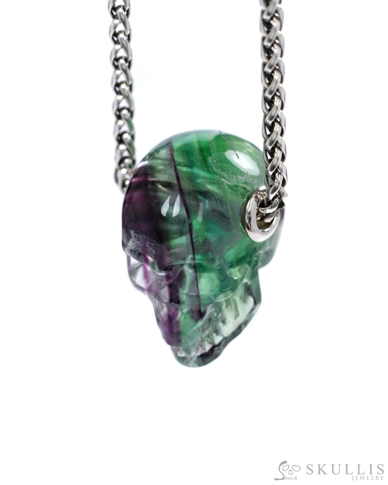 Skullis Signature Spiderweb Fluorite Gem Skull Pendant or Necklace Hand Carved Sterling Silver 925 Chain for Women &