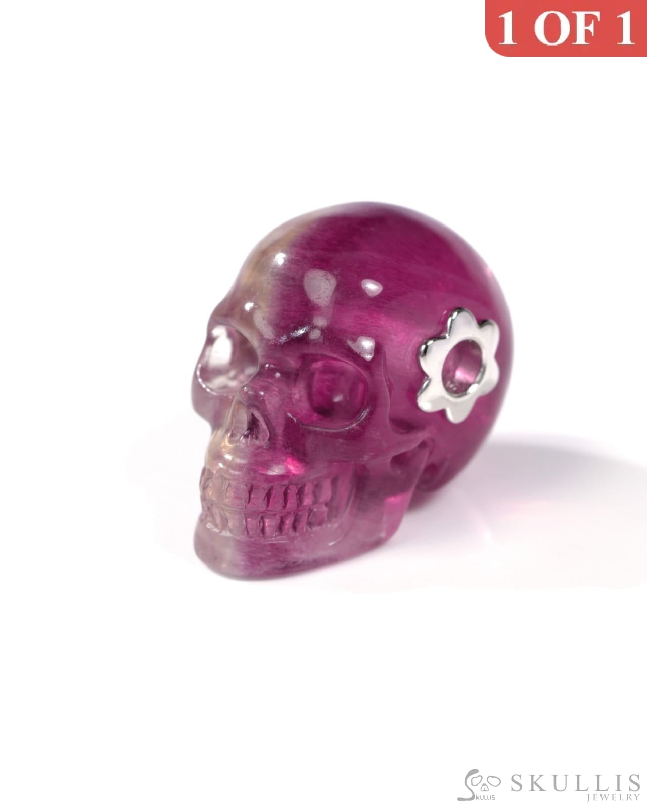 Skullis Signature Fluorite Gem Skull Pendant or Necklace Hand Carved Sterling Silver 925 Chain for Women & Men