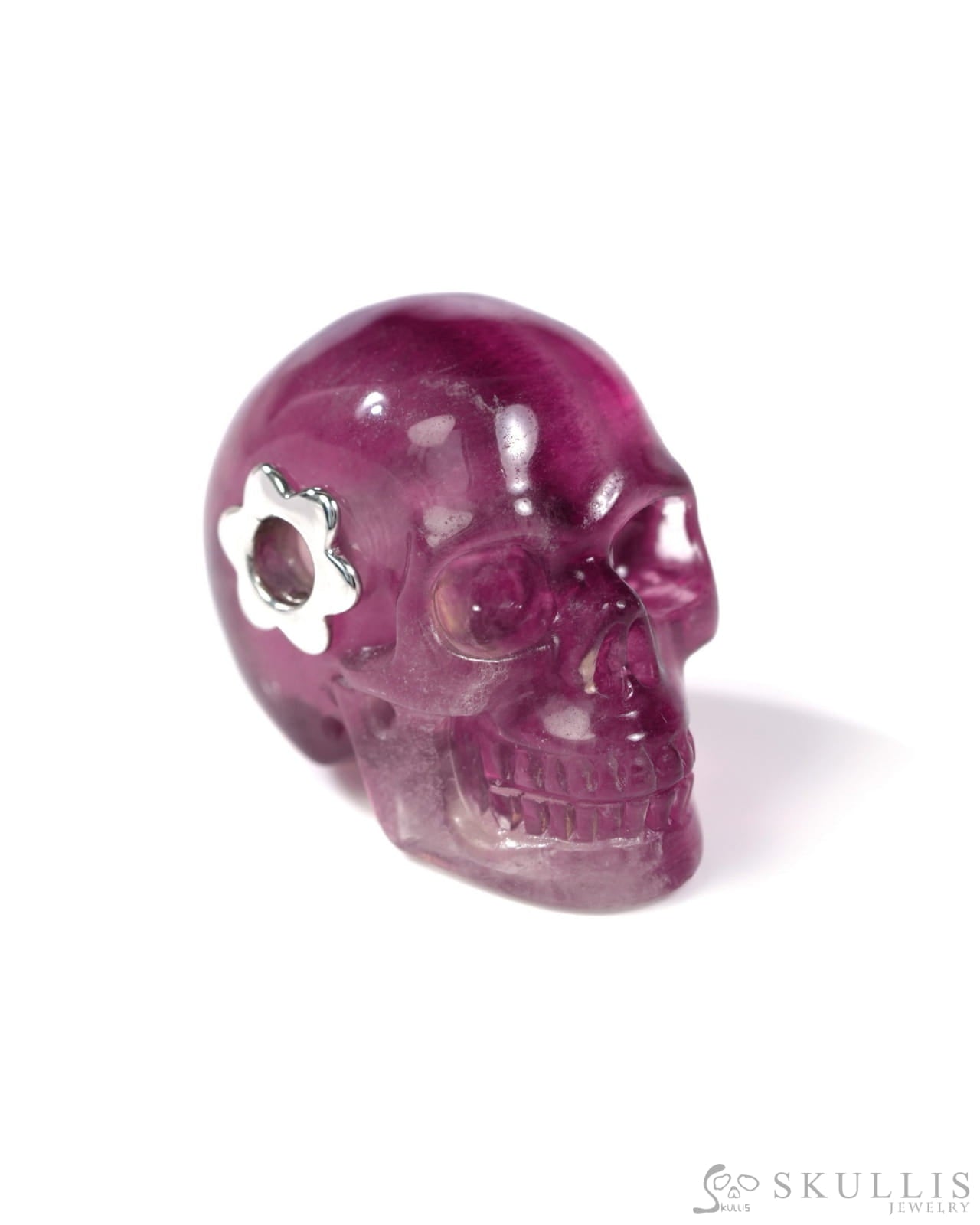 Skullis Signature Fluorite Gem Skull Pendant or Necklace Hand Carved Sterling Silver 925 Chain for Women & Men