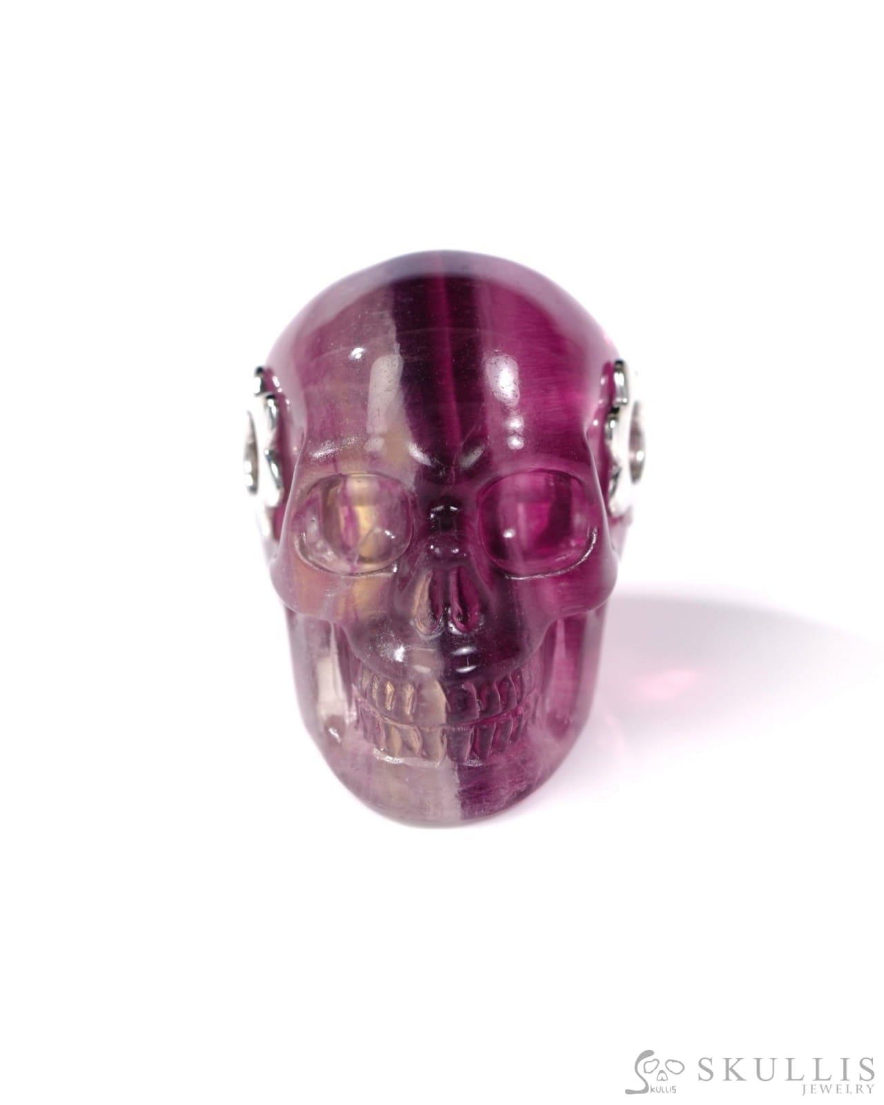 Skullis Signature Fluorite Gem Skull Pendant or Necklace Hand Carved Sterling Silver 925 Chain for Women & Men