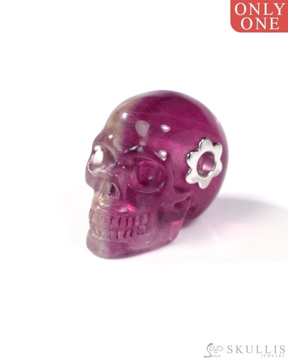 Skullis Signature Fluorite Gem Skull Pendant or Necklace Hand Carved Sterling Silver 925 Chain for Women & Men