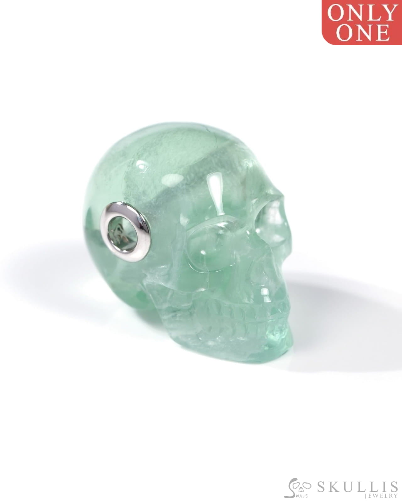 Skullis Signature Fluorite Gem Skull Pendant or Necklace Hand Carved Sterling Silver 925 Chain for Women & Men
