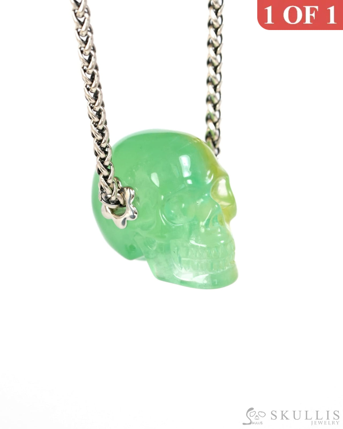 Skullis Signature Fluorite Gem Skull Pendant or Necklace Hand Carved Sterling Silver 925 Chain for Women & Men
