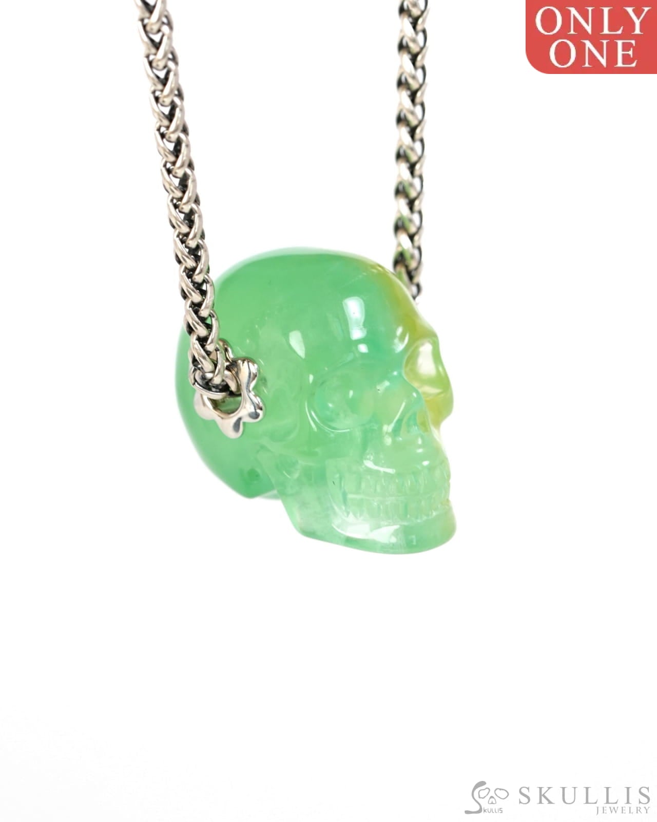 Skullis Signature Fluorite Gem Skull Pendant or Necklace Hand Carved Sterling Silver 925 Chain for Women & Men