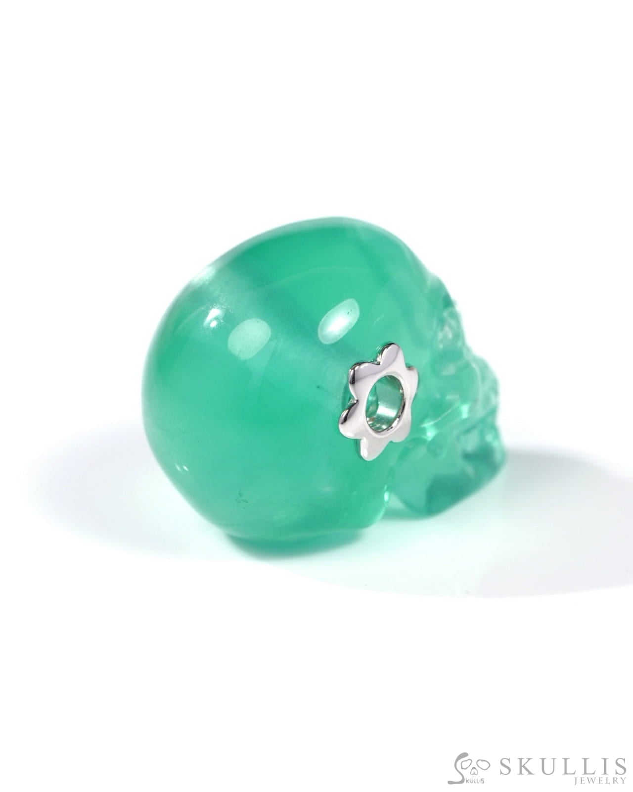 Skullis Signature Fluorite Gem Skull Pendant or Necklace Hand Carved Sterling Silver 925 Chain for Women & Men