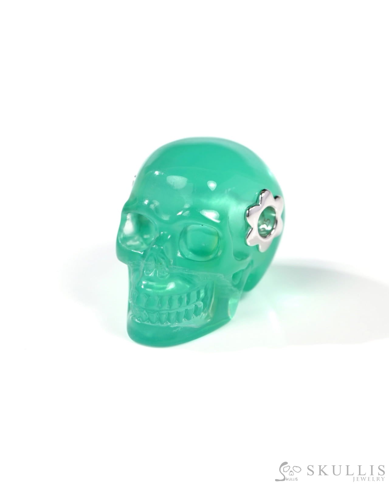 Skullis Signature Fluorite Gem Skull Pendant or Necklace Hand Carved Sterling Silver 925 Chain for Women & Men