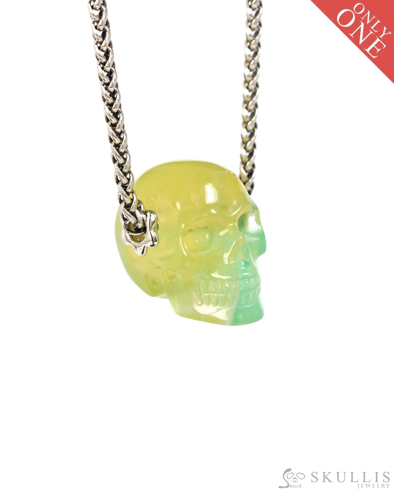 Skullis Signature Fluorite Gem Skull Pendant or Necklace Hand Carved Sterling Silver 925 Chain for Women & Men