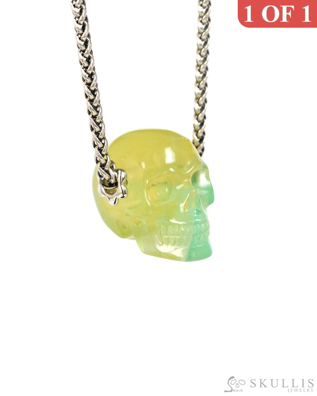 Skullis Signature Fluorite Gem Skull Pendant or Necklace Hand Carved Sterling Silver 925 Chain for Women & Men
