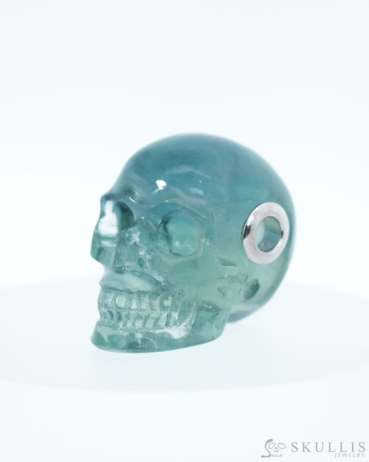 Skullis Signature Fluorite Gem Skull Pendant or Necklace Hand Carved Sterling Silver 925 Chain for Women & Men