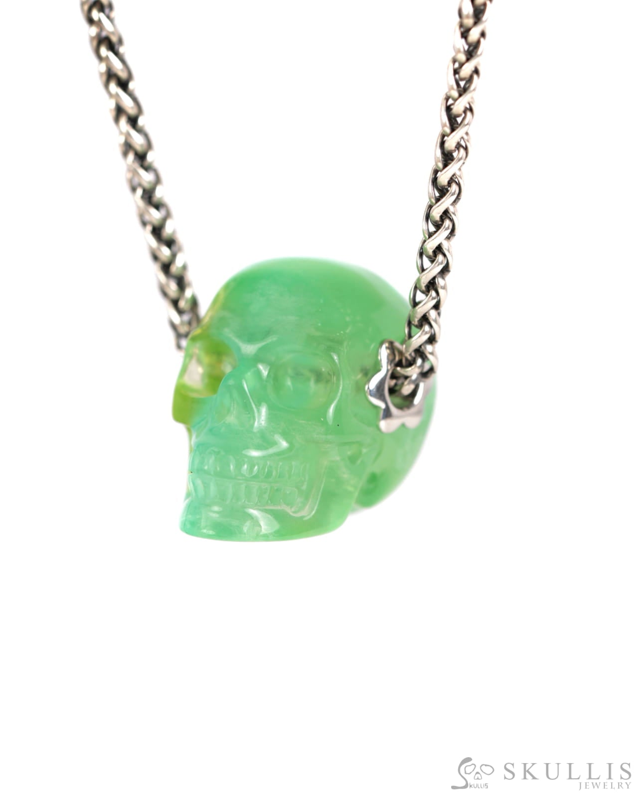 Skullis Signature Fluorite Gem Skull Pendant or Necklace Hand Carved Sterling Silver 925 Chain for Women & Men