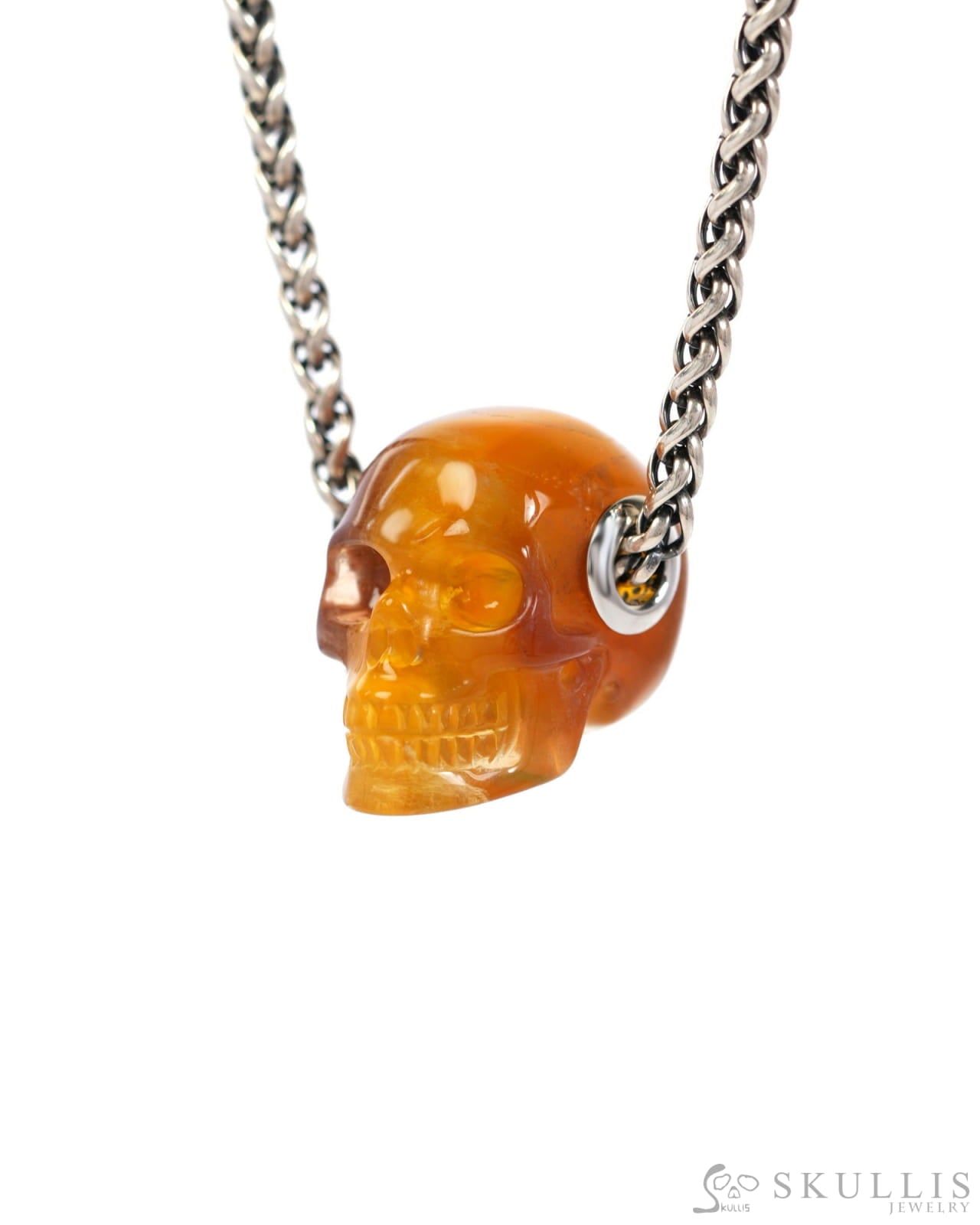 Skullis Signature Orange Fluorite Gem Skull Pendant or Necklace Hand Carved Sterling Silver 925 Chain for Women & Men
