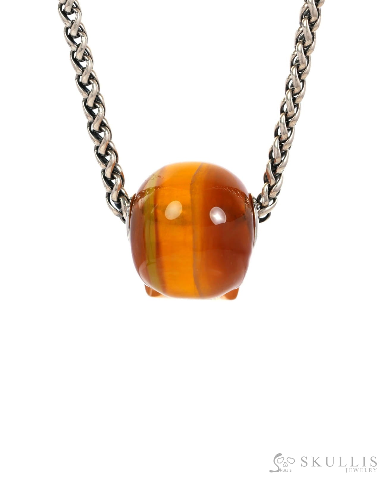 Skullis Signature Orange Fluorite Gem Skull Pendant or Necklace Hand Carved Sterling Silver 925 Chain for Women & Men