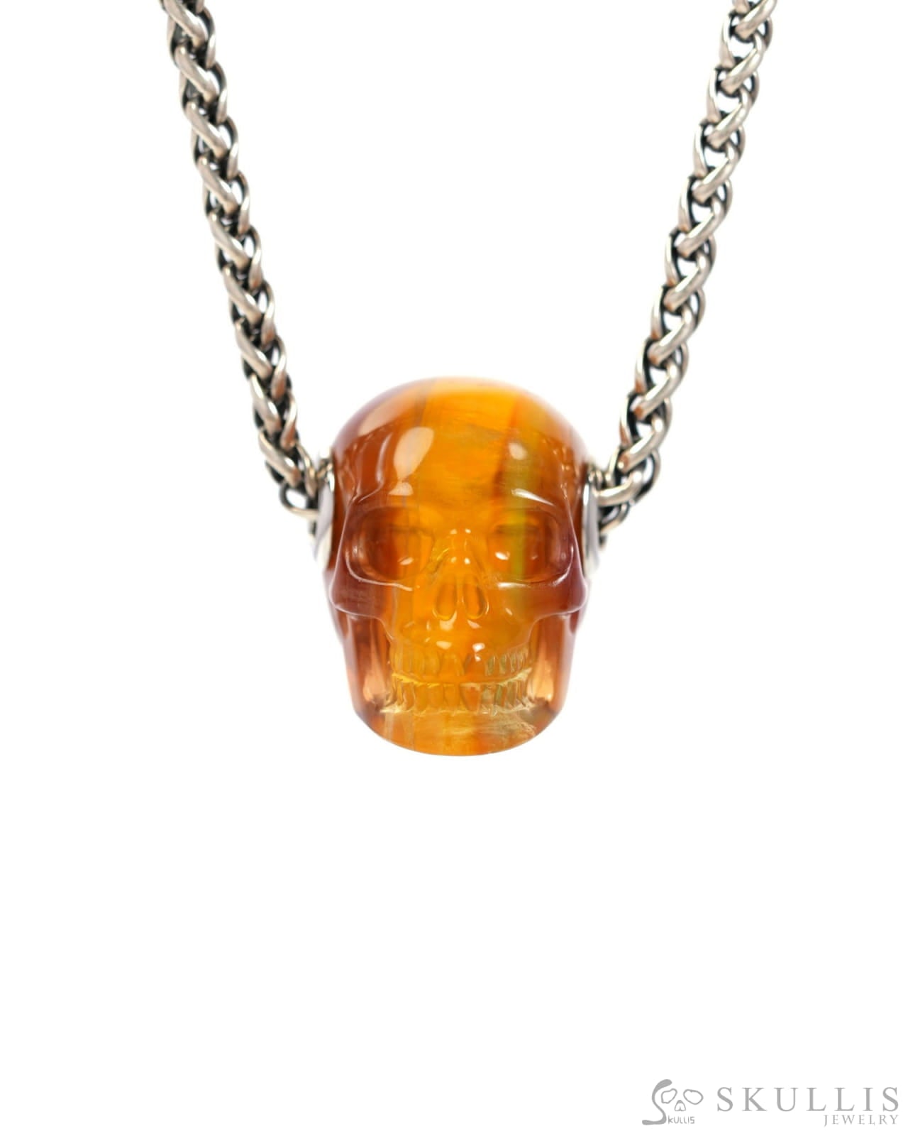 Skullis Signature Orange Fluorite Gem Skull Pendant or Necklace Hand Carved Sterling Silver 925 Chain for Women & Men