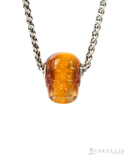 Skullis Signature Orange Fluorite Gem Skull Pendant or Necklace Hand Carved Sterling Silver 925 Chain for Women & Men