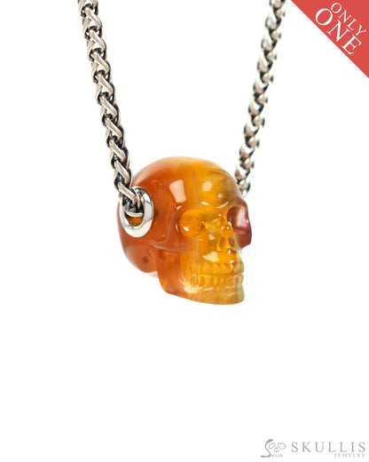 Skullis Signature Orange Fluorite Gem Skull Pendant or Necklace Hand Carved Sterling Silver 925 Chain for Women & Men
