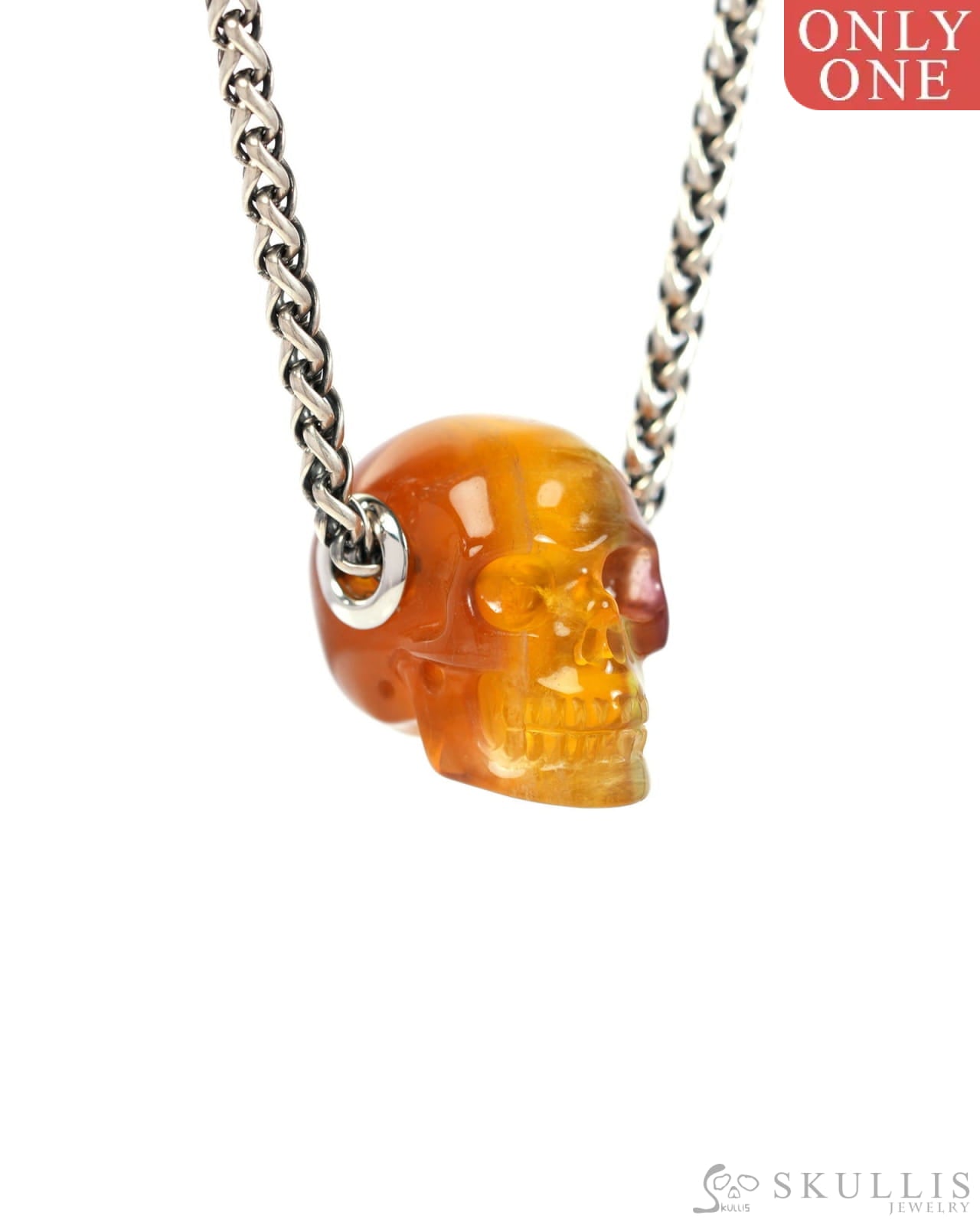 Skullis Signature Orange Fluorite Gem Skull Pendant or Necklace Hand Carved Sterling Silver 925 Chain for Women & Men