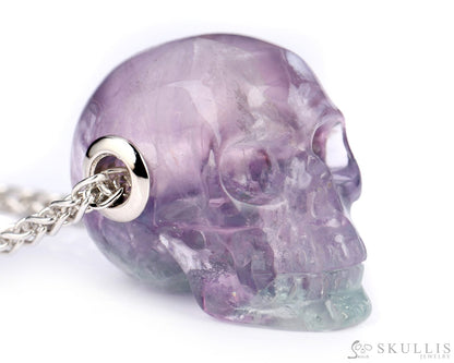 Skullis Signature Fluorite Gem Skull Pendant Or Necklace Hand Carved Sterling Silver.925 Chain For