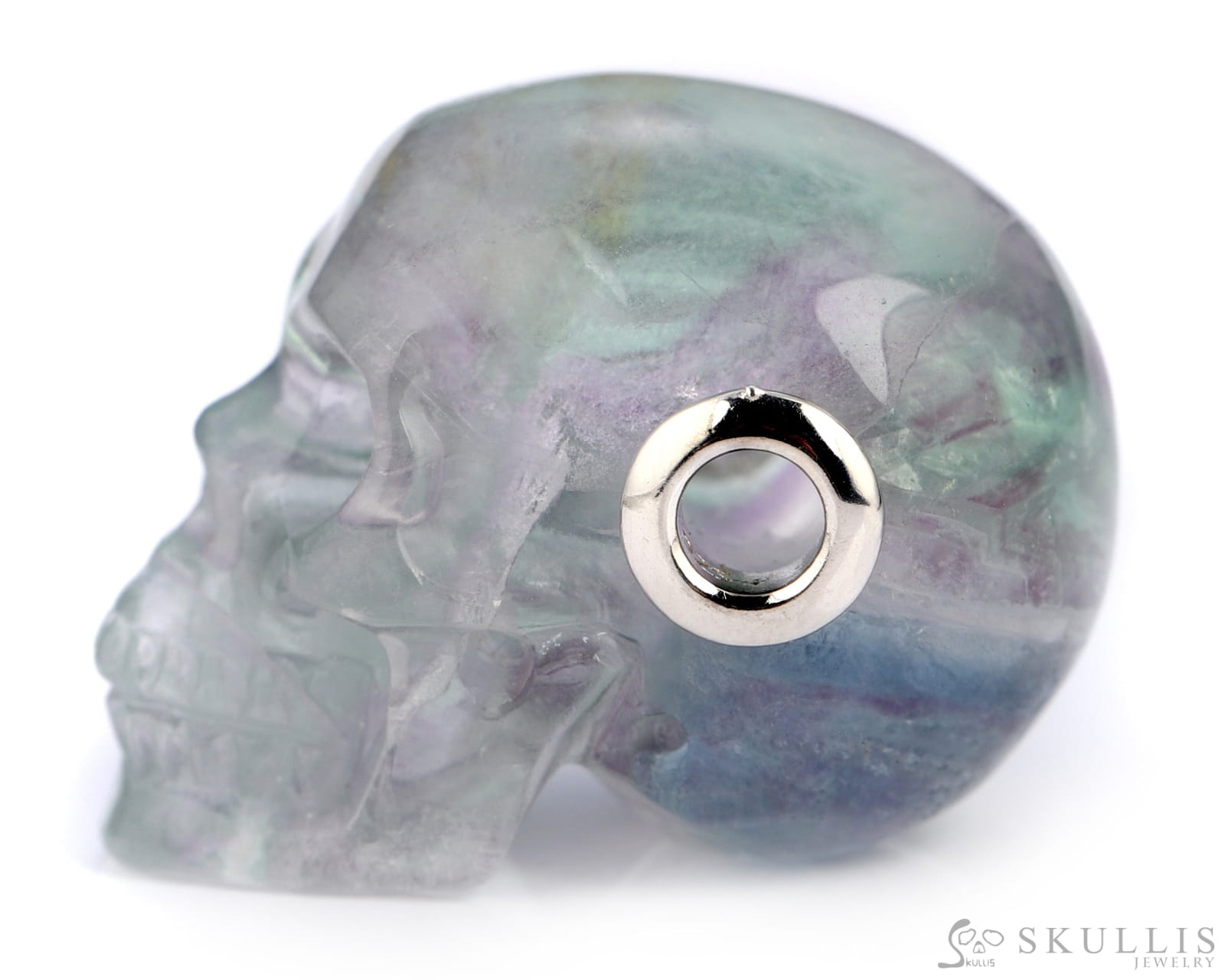 Skullis Signature Fluorite Gem Skull Pendant Or Necklace Hand Carved Sterling Silver.925 Chain For