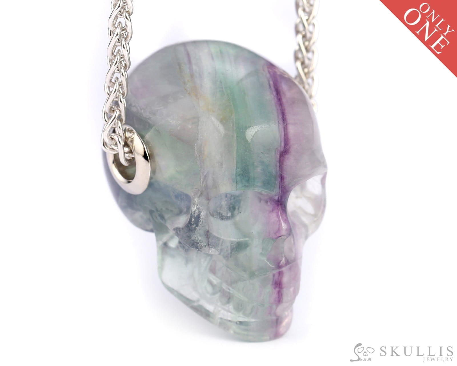 Skullis Signature Fluorite Gem Skull Pendant Or Necklace Hand Carved Sterling Silver.925 Chain For