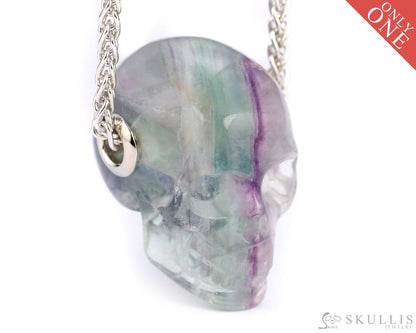 Skullis Signature Fluorite Gem Skull Pendant Or Necklace Hand Carved Sterling Silver.925 Chain For